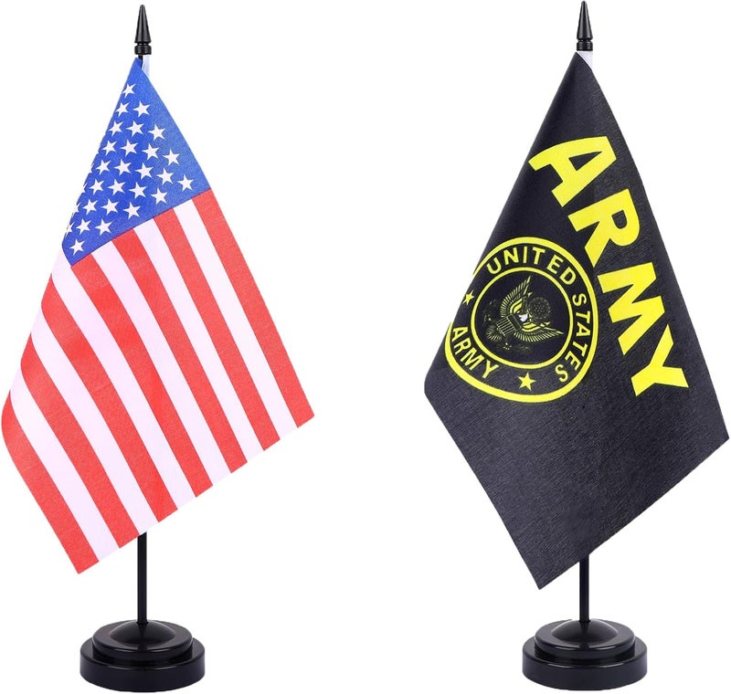 WXTWK 2 Pack USA Gold Crest Flag Gold Crest Deluxe Desk Flag Set - Mini Small US Military Table Office Flags with Black 12" Solid Pole Stand Base July 4th Veteran Party Memorial Day Decorations - Image 1